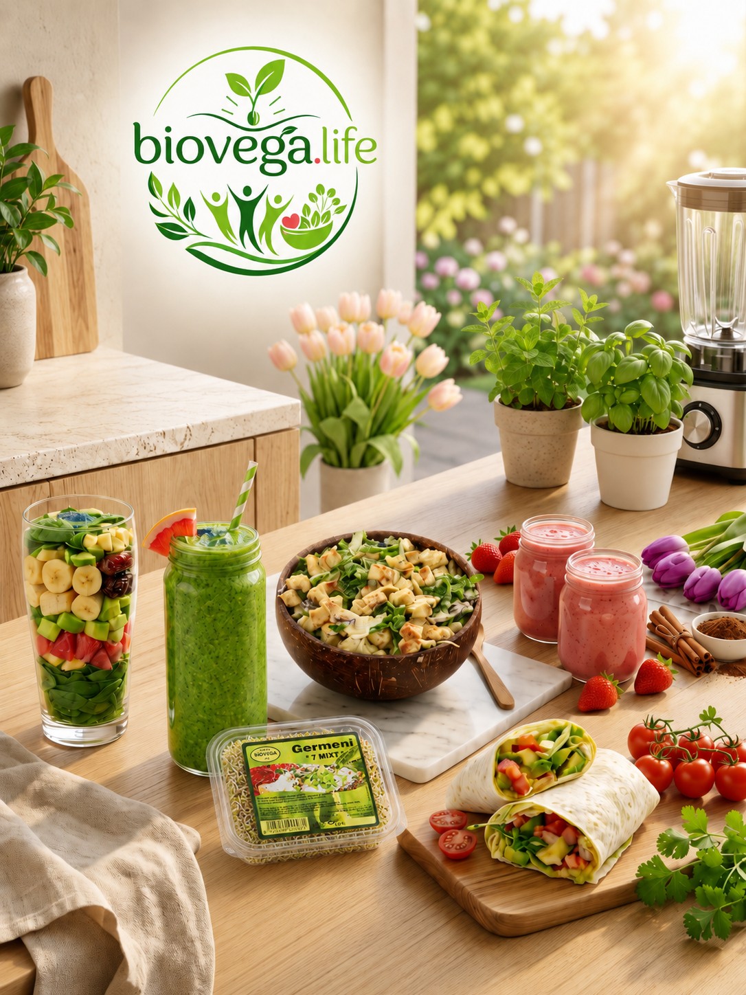 Masă proaspătă cu salată colorată, germeni și legume